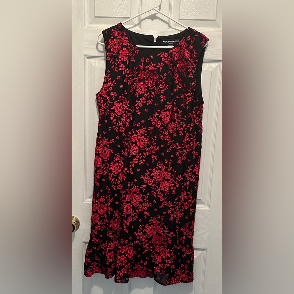 Karl Lagerfeld Black & Red Burnout Velvet Floral Sleeveless Dress Size 14 NWT